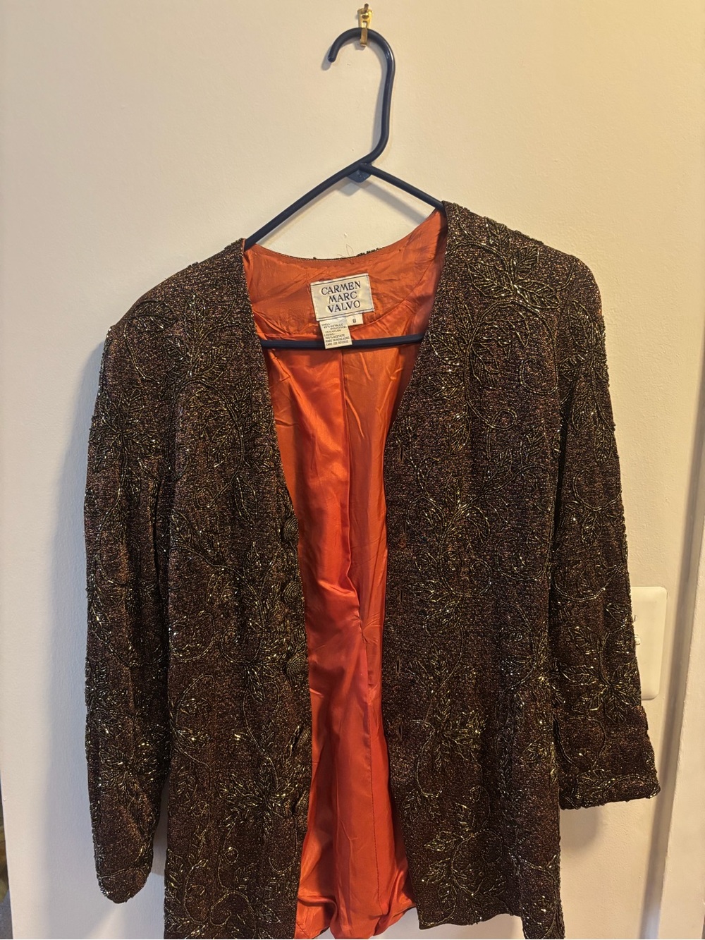 Carmen Marc Valvo Brown Beaded Open-Front Jacket with Orange Lining